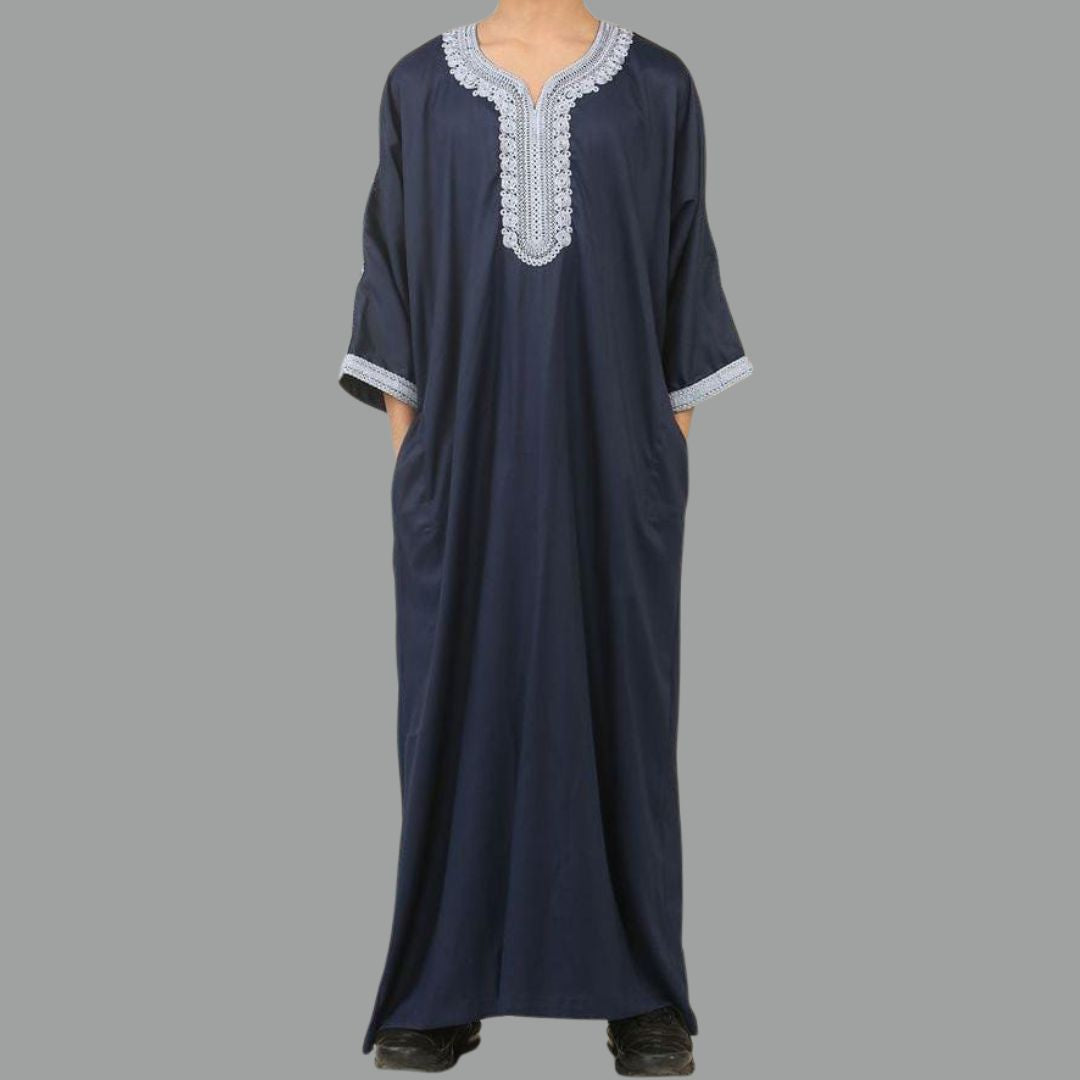 Midnight Lace-Trim Moroccan Kaftan Thobe