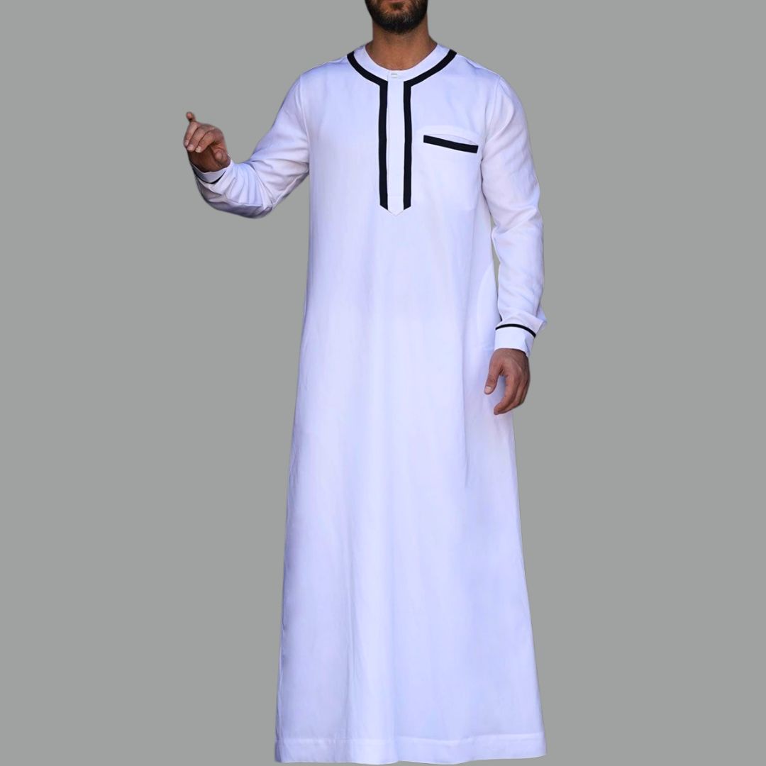 White Contrast-Panel Modern Round-Neck Thobe