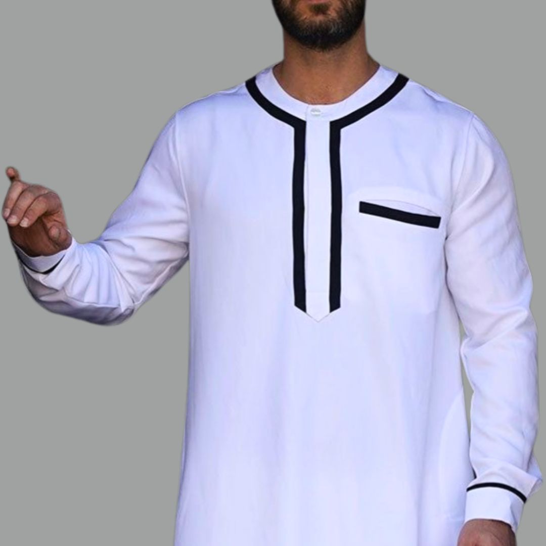 White Contrast-Panel Modern Round-Neck Thobe