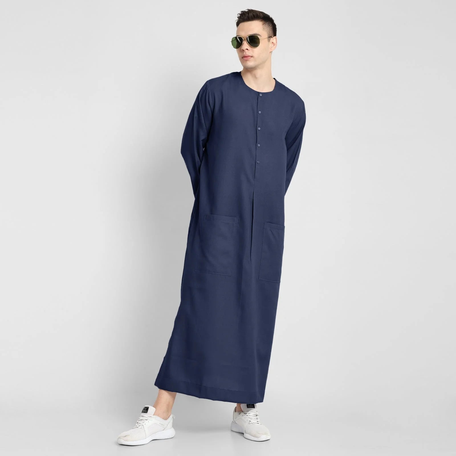 Navy Blue Thobes Cotton Blend Plain Solid Work