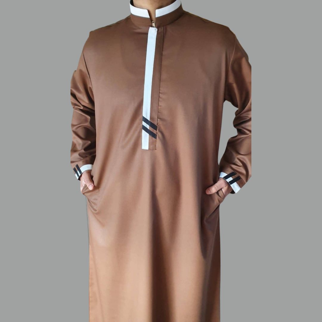 Chestnut Brown Contrast-Placket Stand Collar Thobe