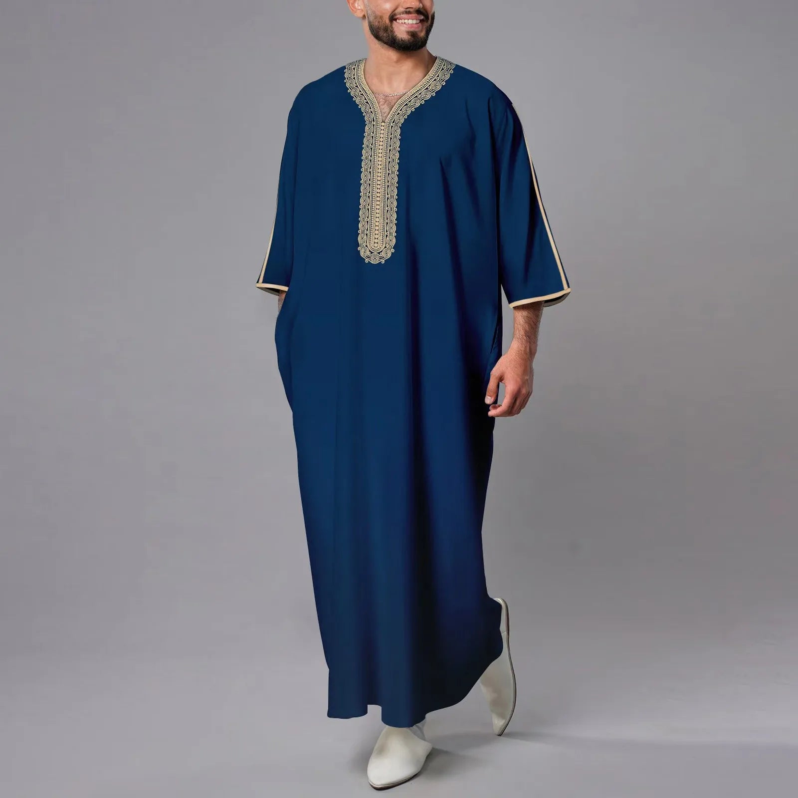 Blue Middle East Style Embroidered Moroccan Kaftan Thobe