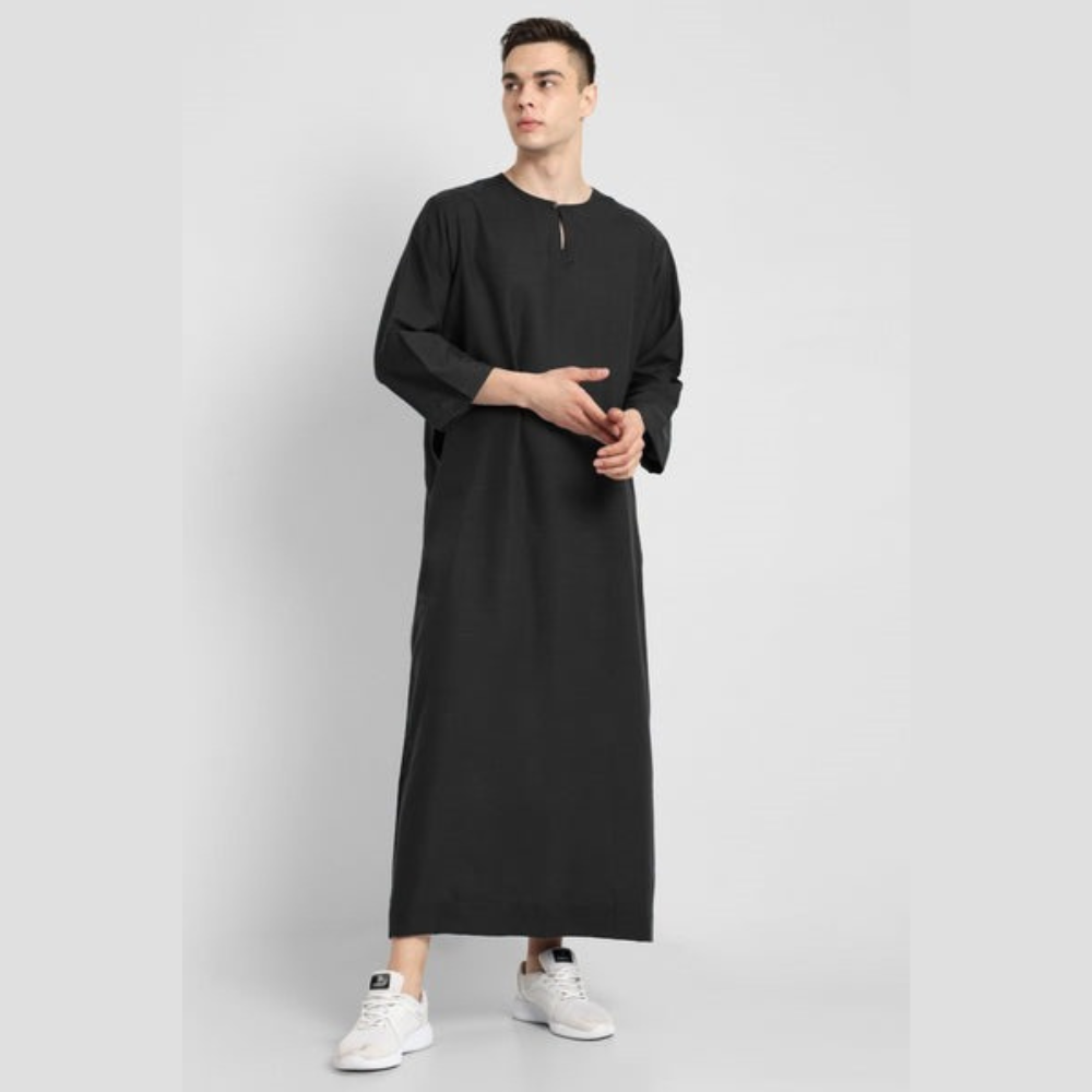 Black Middle East Style Round Henley Jubba Thobe