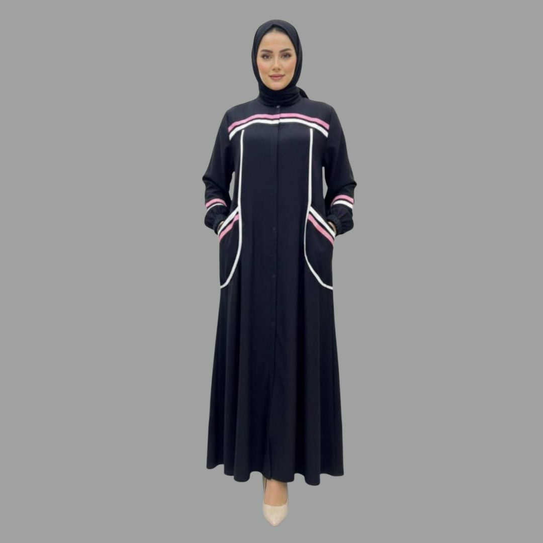 Contrast Stripe Front-Button Abaya with Pockets