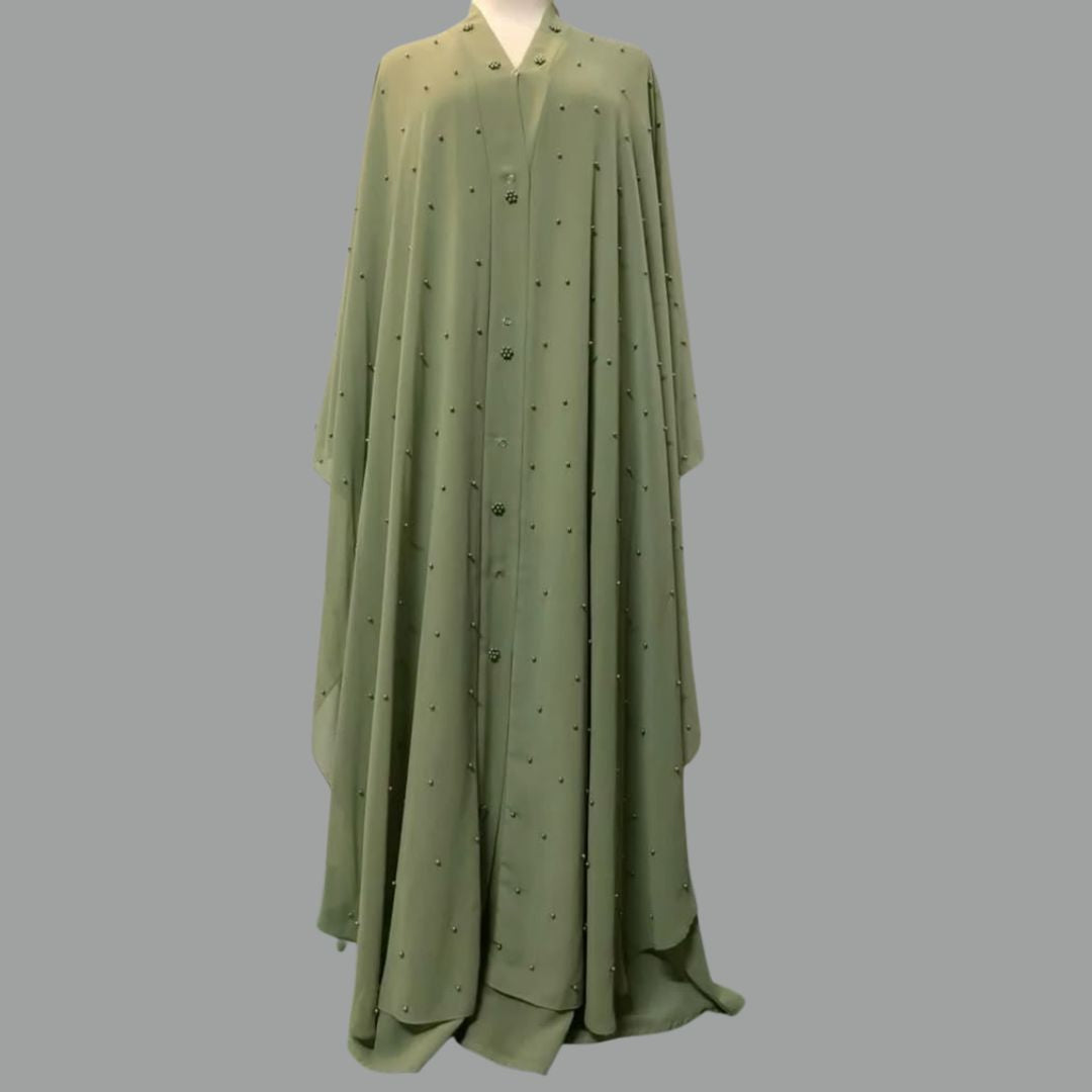 Embellished Button-Front Abaya with Flowy Cape Silhouette