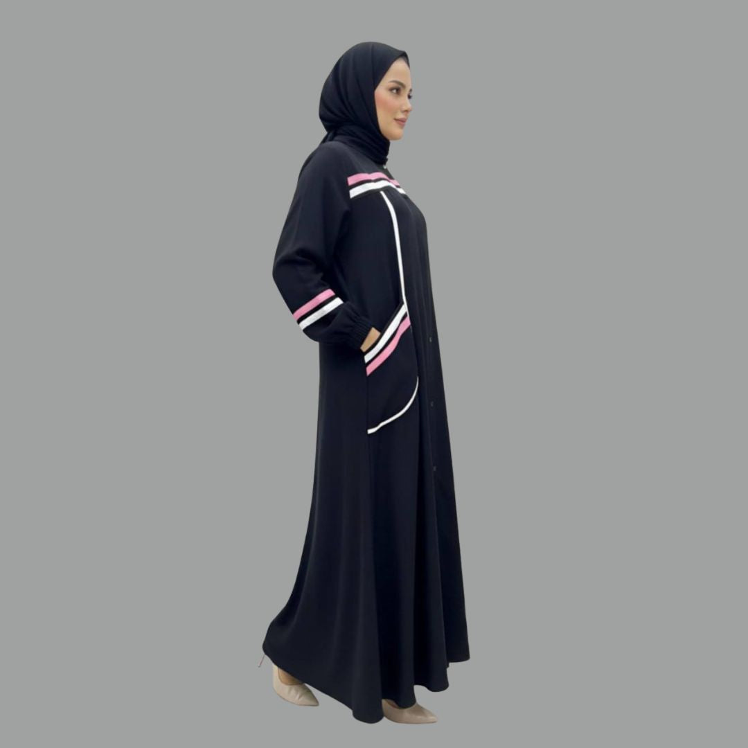 Contrast Stripe Front-Button Abaya with Pockets